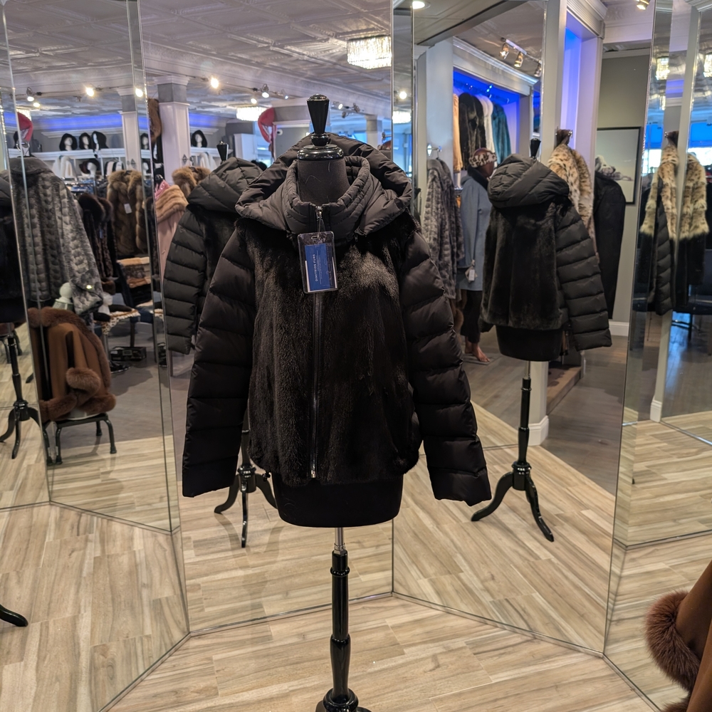 Women's Black Puffer Jacket with Fur Detail Draw String Waist, Removable Puffer/